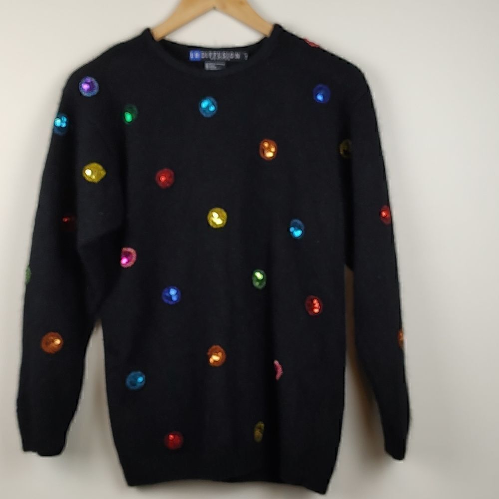 IB Diffusion Petites Black Sequin Silk Angora Lambswool Sweater Vintage 1990